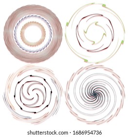 Darkish, dark set of spiral, twirl and swirl shapes. Volute, helix abstract design elements. Spire, sworl illustration