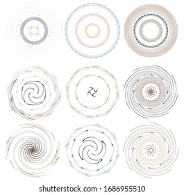 Darkish, dark set of spiral, twirl and swirl shapes. Volute, helix abstract design elements. Spire, sworl illustration