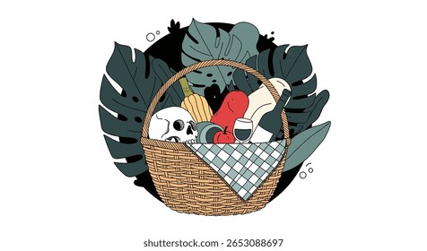 A darkly whimsical picnic basket filled with surprising and unusual contents suggesting a macabre feast or gathering of strange treasures for a peculiar outing