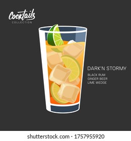 Dark'n Stormy cocktail with dark rum, ginger beer, lime wedge and ice recipe. Drink glass vector illustration.