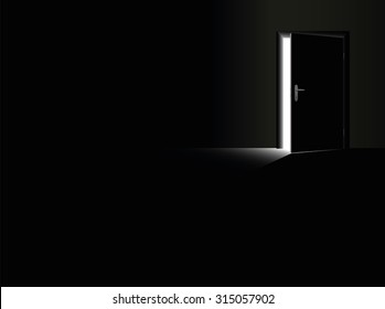 Darkness - black room with a half open door and a glimmer of light coming in - as a symbol for fear, frustration, depression, hope, courage and for taking a chance. Vector illustration.