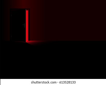 Darkness - black room and a half open door with a glimmer of red light coming in - as a symbol for thrill, danger, fear, courage or for taking a chance. Vector illustration.