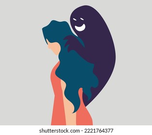 Darkness or evil whispering to a woman with dissociative identity disorder. Girl with Schizophrenia symptoms looks scared tries to hide her face. Concept of Split Personality or mental health disorder