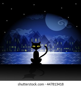 Darkness of Halloween night background with a black cat vector