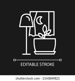 Darkness for houseplant growth white linear icon for dark theme. Better plant metabolism at night. Thin line illustration. Isolated symbol for night mode. Editable stroke. Arial font used