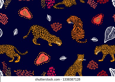 Darkness in jungle. Seamless vector pattern with leopards, tigers and abstract tropical plants on black background. Safari textile collection.