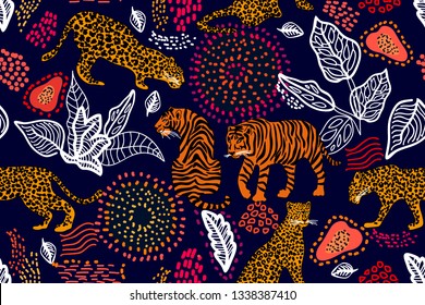 Darkness in jungle. Seamless vector pattern with leopards, tigers and abstract tropical leaves on black background. Safari textile collection.