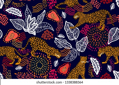 Darkness in jungle. Seamless vector pattern with leopards and abstract tropical plants on black background. Safari textile collection.