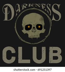 Darkness ?lub. Skull with fangs and glowing eyes.