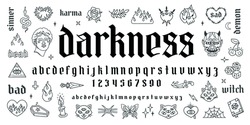 "Darkness" Tattoo Art Font Type Alphabet. Aesthetic 90s Gothic Punk Style Font. Y2k Doodle Line Art Set Of Butterfly, Rose, Snake, Heart Chain. Neo Goth 2000s Style Tattoo Vector Font Type Design