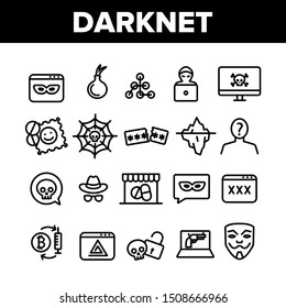 Darknet Collection Web Elements Icons Set Vector Thin Line. Password And Key Protection Dark Deep Internet And Security Darknet Concept Linear Pictograms. Monochrome Contour Illustrations