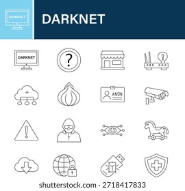 Darknet editierbares Zeilen-Symbolpaket. Tor, anonym, Privatsphäre, Hacker, Cyber, Sicherheit, Verschlüsselung, Anonymität, Netzwerk, illegal, Tracking und mehr Symbole.
