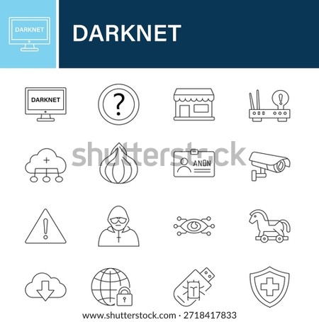 Darknet editable line icons pack. Tor, anonymous, privacy, hacker, cyber, security, encryption, anonymity, network, illegal, tracking and more icons.