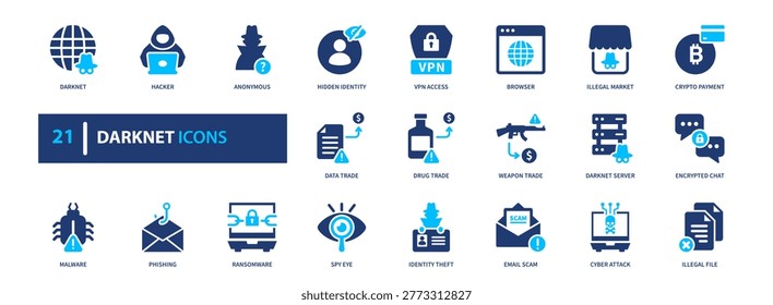 Darknet icon set. anonymous, privacy, security, network, cyber. solid style icon collection.