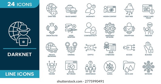 Darknet icon set. dark web, black market, anonymity, hidden content, deep web, hacker, encryption, data leak, cybercrime, network, access, crypto, anonymous, blocked, criminal, private browsing, onion router, confidentiality, illegal, buy drugs, freedom, credit card fraud, anonymity network, illegal weapons. Line vector icons collection.