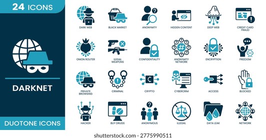 Darknet icon set. dark web, black market, anonymity, hidden content, deep web, access, encryption, hacker, anonymous, data leak, network, blocked, cybercrime, crypto, onion router, illegal, criminal, confidentiality, buy drugs, anonymity network, private browsing, freedom, credit card fraud, illegal weapons. Duotone vector icons collection.