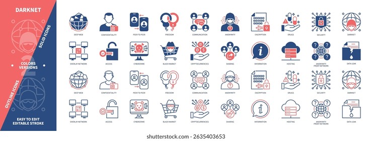 Darknet icon set. Overlay Network, Deep Web, Black Market, Sharing, Drugs, Data Leak, Confidentiality, Freedom. Duotone color solid and editable outline icons