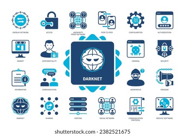 Darknet icon set. Social Network, Anonymous, Software, Sharing, Security, Communication, Confidentiality, Freedom. Duotone color solid icons