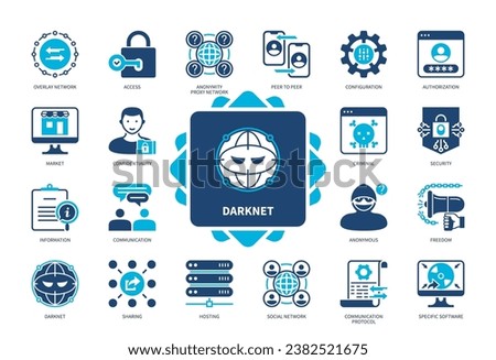 Darknet icon set. Social Network, Anonymous, Software, Sharing, Security, Communication, Confidentiality, Freedom. Duotone color solid icons