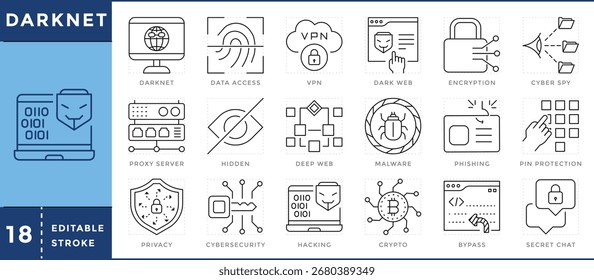 Darknet icons set. Darknet, data access, VPN, dark web, proxy server, hidden, deep web, malware, crypto, and many more. Vector editable stroke.