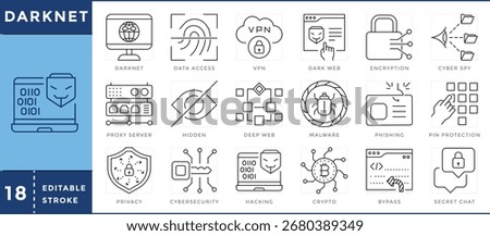 Darknet icons set. Darknet, data access, VPN, dark web, proxy server, hidden, deep web, malware, crypto, and many more. Vector editable stroke.