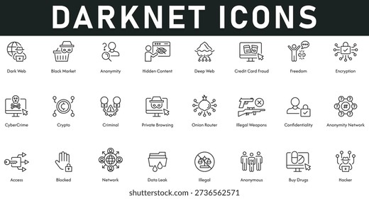 darknet Icons vector illustration with thin line editable stroke containing dark web black market deep web hidden content freedom encryption cybercrime criminal private browsing confidentiality hacker illegal network blocked access anonymous buy drugs