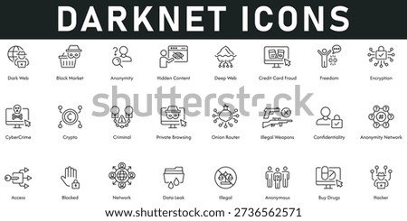 darknet Icons vector illustration with thin line editable stroke containing dark web black market deep web hidden content freedom encryption cybercrime criminal private browsing confidentiality hacker illegal network blocked access anonymous buy drugs