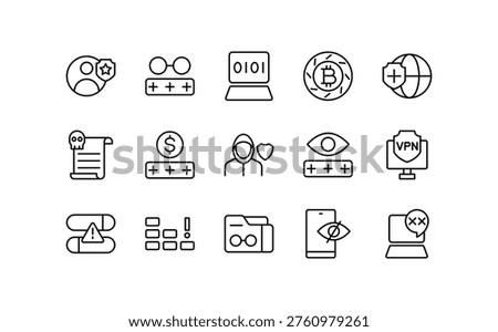 Darknet line icon set. Network, deep web, black market, sharing, drugs, data leak, Confidentiality, freedom, dark, side, website, cyber outline vector icons