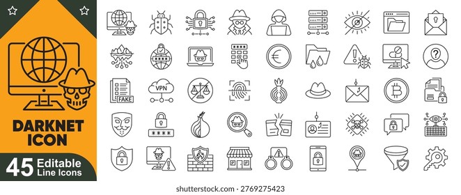 Darknet security icons set. Cyber protection, VPN, network safety, spam, hacker attack, data privacy. Line art UI vector illustration.