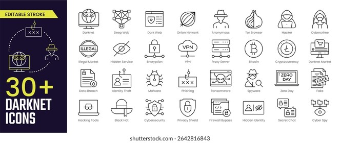 Darknet Stroke icon collections. Containing Darknet, Deep Web, Dark Web, Onion Network, Tor Browser, Hacker, Encryption, VPN, and Proxy Server icons. Editable Stroke icon collection Outline icon