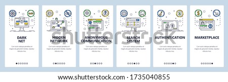 Darknet web site and mobile app onboarding screens. Menu banner vector template for website and application development. Hidden deep web, darknet technology, illegal market. Thin line art flat style.