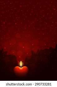 Dark-red background with burning heart-shaped candle. Flame of love concept