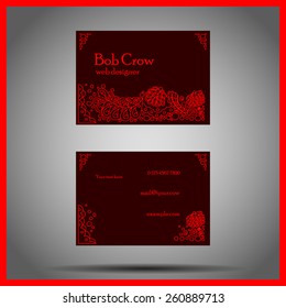 Dark-red vector doodle two-sided business visit card. Ornate glowing set of two sides of the one card.