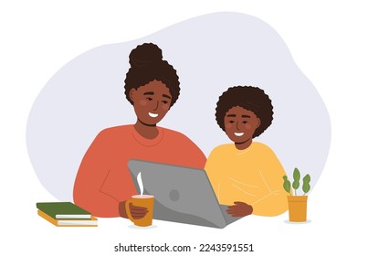 Dark-skinned African Americans mom and daughter are sitting at the computer. A teacher and a student are studying and communicating on a laptop. Vector graphics.