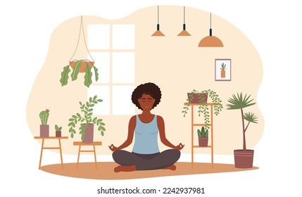 A dark-skinned African girl does yoga at home among various green plants. A woman is sitting in a lotus position on the floor,  meditates and relaxes. Vector graphics.