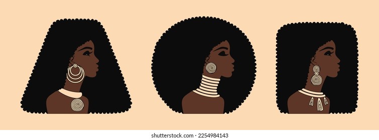 Dark-skinned African women with black curly hair and traditional gold jewelry. Female portrait in profile, side view. Cute girl with geometric Afro hairstyle, ethnic earrings and necklace. Vector set