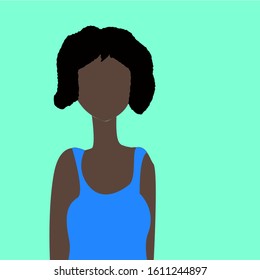 A dark-skinned African-American girl. Isolated silhouette on turquoise background. Curly, short black hair on her head. Girl wearing a blue shirt.