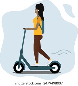 Dark-skinned African-American girl on a scooter. Concept - scooter rental, mobile application, green, environmentally friendly transport