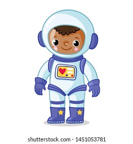 Dark-skinned astronaut  in a space suit on a white background. Vector illustration on the space theme in cartoon style.