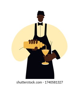 a dark-skinned barman in a yellow shirt and black apron pours a cocktail into a glass. Vector illustration 