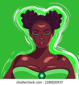Dark-skinned beautiful girl in a light green background