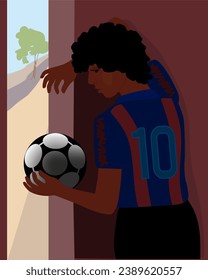 a dark-skinned boy with a ball. a football fan. sportsman. drawing in color by hand. colorful children's poster.