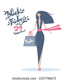 Dark-skinned brunette woman with a beautiful figure. Poster Black Friday November 29th. Shopping bag in hand. Handwriting lettering.
