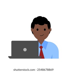 Dark-skinned businessman with a laptop. Vector simple color flat illustration.