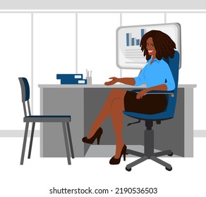 Dark-skinned businesswoman sits on a chair in front of a desk and points to an empty chair. The boss invites the subordinate to the office. Monitor and folders on the table. Vector illustration