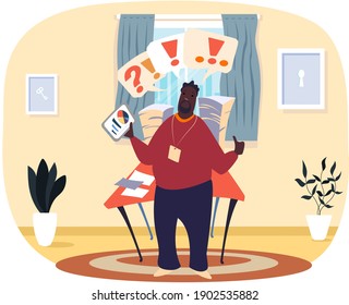 Dark-skinned cartoon businessman looking at red question and exclamation mark above his head standing in room near table with stacks of paper documents. Man happy with financial results holds thumb up