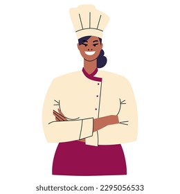 The dark-skinned chief cook crossed her arms. Woman in uniform and toque smiling. The character folded his hands. Professional chef isolated on white background. Flat style. Vector.