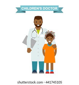 The dark-skinned children's doctor with a girl in a cartoon style on white background. Flat vector illustration