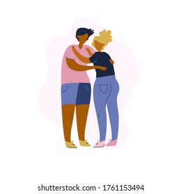 Dark-skinned couple. Man hug woman, she holding hand on his chest. Cute cartoon characters isolated on white background. Family hugs. Friendship concept. Stock vector illustration