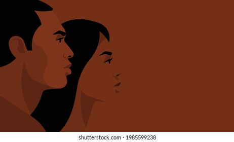 Dark-skinned couple on brown background. Young black man face next to beautiful black woman with long hair. Silhouette of faces. Modern vector background with portraits for banner, cover, print.